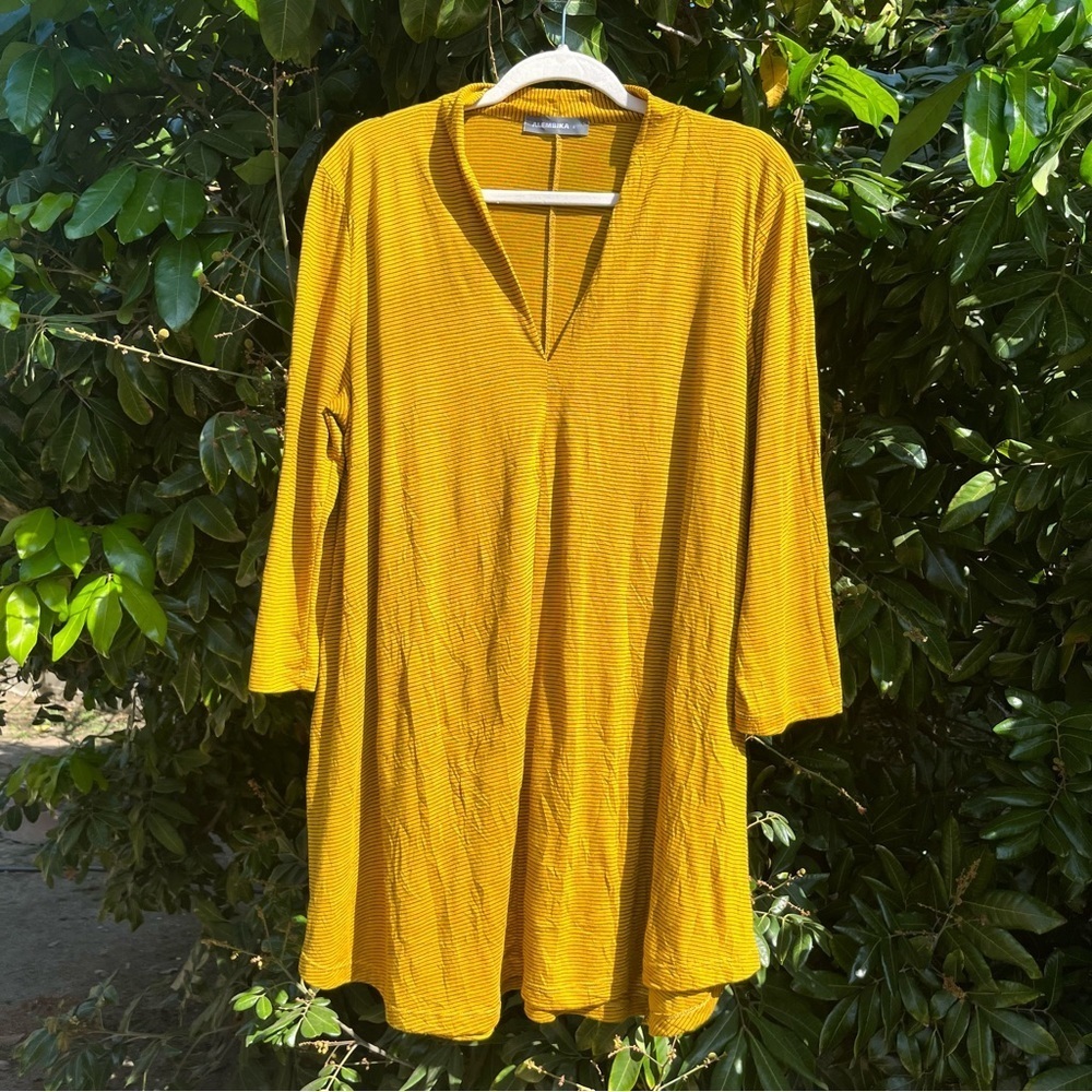 Alembika mustard yellow striped knit long‎ sleeve mini dress